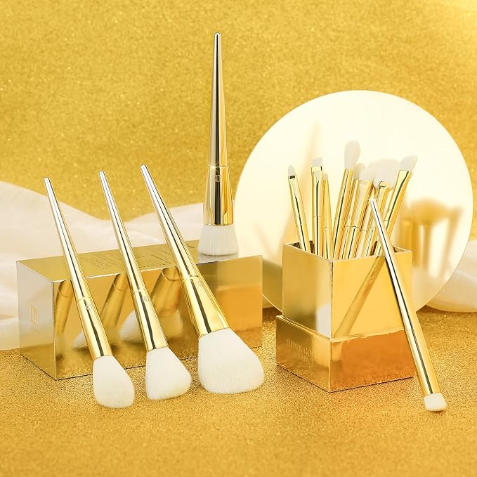 DUcare 15 Piece Professional Makeup Brush Set | Silver-Gold Radiance Synthetic Brushes for Full Face Eye, Complete Cosmetic Kit with Reusable Storage Holder