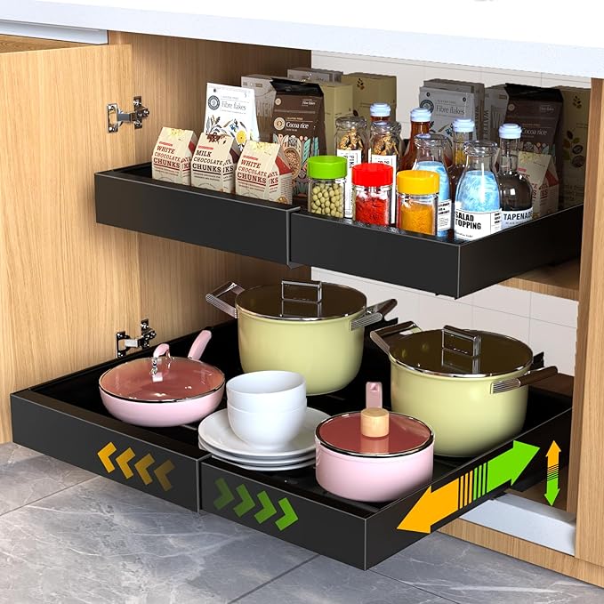 Mlinavn 2 Pack Pull Out Cabinet Organizer,21" Deep Slide Out Drawer Organizers,No Drill Pull Out Drawers Adhesive with Nano Compatible Framed Cabinets Shelves for Kitchen Pantry Adjustable Width