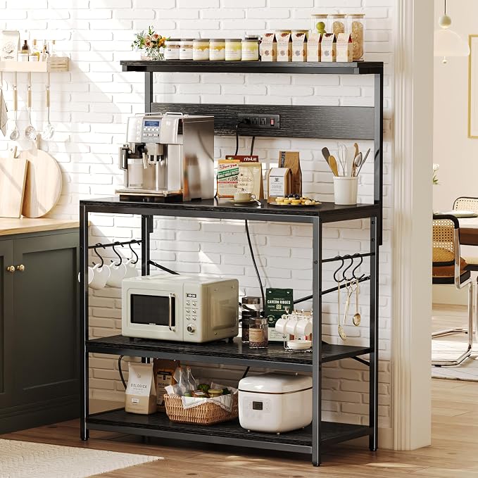 SUPERJARE Bakers Rack with Power Outlets, Microwave Stand, 39.4 X 14.3 Inch Larger Desktop, Kitchen Storage Rack with Adjustable Middle Shelf, 6 S-Shaped Hooks, Coffee Bar Stand, Black