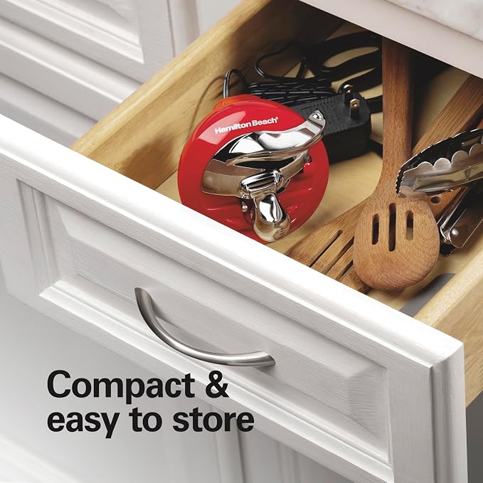 Hamilton Beach Walk 'n Cut Electric Can Opener for Kitchen, Use On Any Size, Automatic and Hand-Free, Cordless & Rechargeable, Easy Clean Removable Blade, Red (76506)