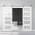 60" x 80" Pre-Assembled Double Barn Door and 12FT Sliding Door Hardware Kit Included, 5-Lites Frosted Glass White Sliding Barn Door for Closet Bathroom Bedroom, Solid & Water-Resistant MDF, Paintable