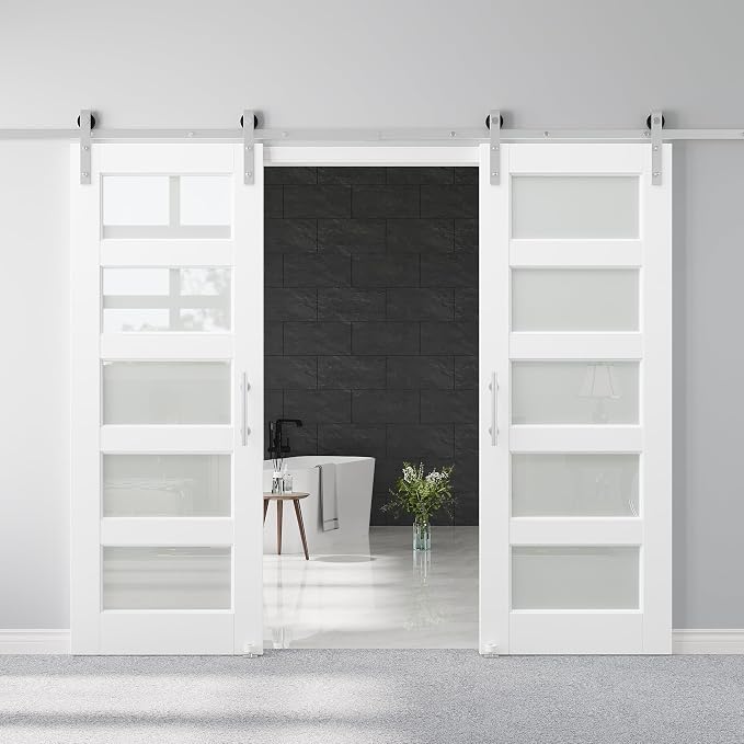 60" x 80" Pre-Assembled Double Barn Door and 12FT Sliding Door Hardware Kit Included, 5-Lites Frosted Glass White Sliding Barn Door for Closet Bathroom Bedroom, Solid & Water-Resistant MDF, Paintable