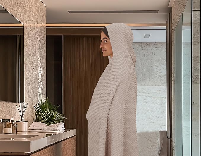 COTTON CRAFT Hooded Bath Towel for Adults – 100% Cotton Waffle Weave Towel | Oversized 35 x 70 inches Ringspun Terry Bath Sheet Wrap with a hood - Soft Super Absorbent Quick Dry – 450 GSM – Linen
