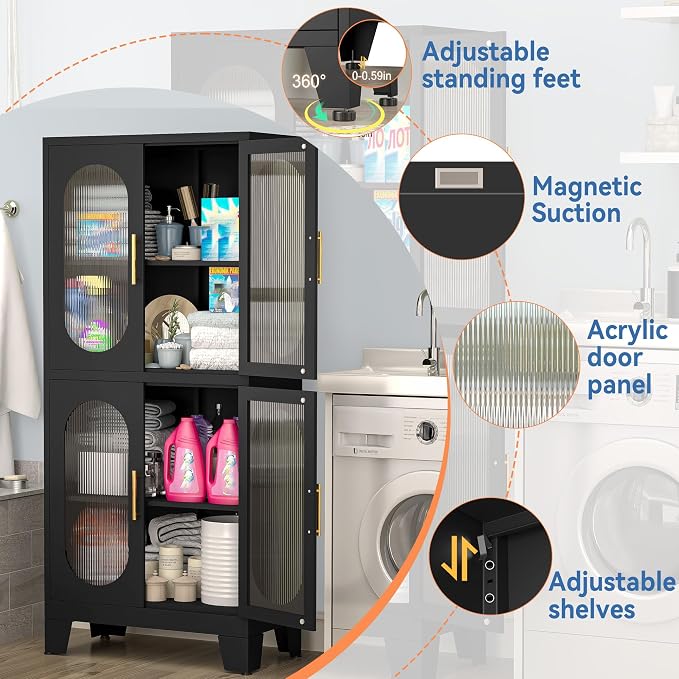 GAIOUS Black Kitchen Pantry Cabinet,Storage Cabinet with Acrylic Glass Door | and Adjustable Shelves, Metal Food Storage Cupboard, Tall Versatile Storage for Kitchen, Dining Room, Home Office and Bedroom