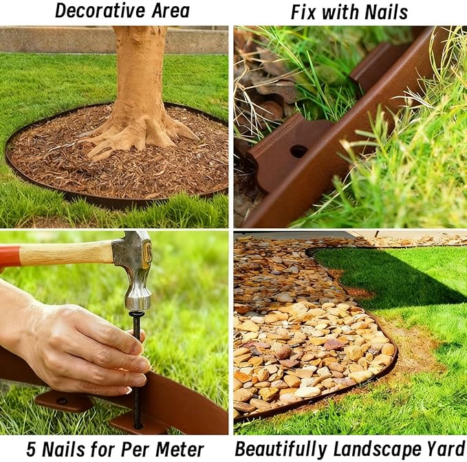 49FT Landscape Edging, 4 Inch Garden Edging Border with 75 Spikes, Flexible Lawn Edging for Trees, Landscape, Garden, Flower Beds, Lawn, Yard, Pathway, Paver Edge-Brown