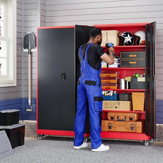 Metal Garage Storage Cabinet with Locking Doors and Adjustable Shelves,- 75" Rolling Steel Tool Cabinet for Home Office,Garage,Warehouse