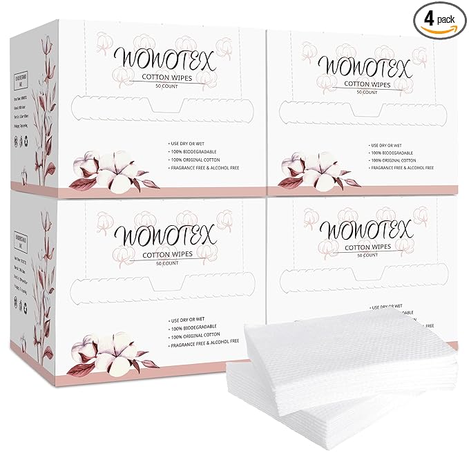 WOWOTEX 100% Cotton Disposable Face Towel 200 Count 10x12 Inch | Biodegradable Thick Soft One Time Use Dry Wipes for Sensitive Skin, Facial Cleaning, Makeup Removal