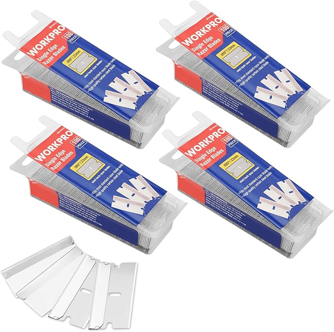 WORKPRO 400-Pack Single Edge Razor Blades, Carbon Steel Scraper Blades | Bulk 400-Pack, High Carbon Steel, Sharp Single Edge Blades, Fits Standard Scrapers for Paint, Sticker & Label Removal