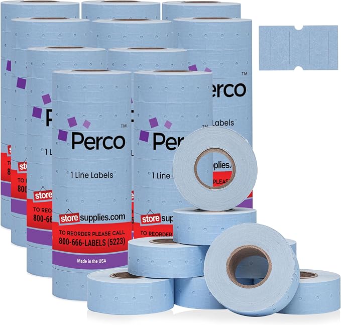 Perco 1 Line Blue Labels - 80,000 Blank Price and Date Gun Labels for Perco Lite, X, Plus and Pro 1 Line Price and Date Guns - 80 Rolls, 10 Sleeves - Made in USA