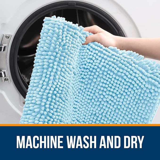 OLANLY Bathroom Runner Rugs 47x17, Soft Absorbent Chenille Bath Rugs, Rubber Backing Quick Dry, Machine Washable Long Bath Mats for Bathroom Floor, Tub and Shower, Home Decor Accessories, Sky Blue