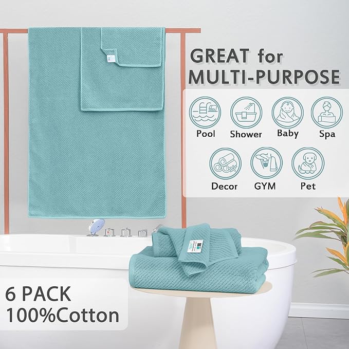 VOOVA & MOVAS 6PC Towel Set, 100% Cotton, Aqua Teal | 2 Bath 30x56 In, 2 Hand 18x28 In, 2 Washcloths 13x13 In, Thick, Soft, Quick Dry, Luxury Shower Towel Set