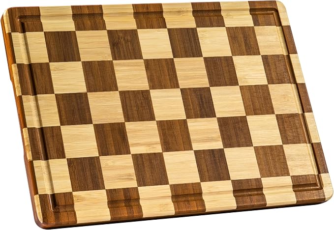 Checkered Bamboo Cutting Boards for Kitchen, Thick End Grain | Wood Chopping Board with Juice Groove, Butcher Block for Meat, Bread & Fruit, Medium, 14"L x 10"W x 0.8"Th