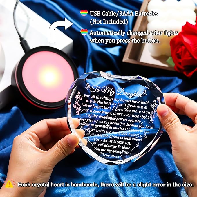 Arikyrist Daughter Gifts from Mom Birthday Gifts Ideas for Daughter Crystal Heart Keepsakes with LED Light Base Glass Meaningful Presents for Best Daughters on Christmas Graduation
