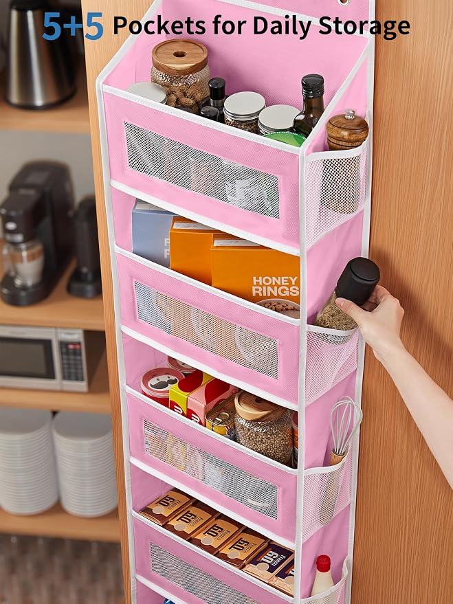 JARLINK Over the Door Organizer for Pantry, Bathroom, 5 Shelf Pink, 2 Pack | Anti-Tilt Design, 44 lb Load Capacity, Hanging Door Organizer with 5 Large Capacity Pockets, Behind Door Storage for Nursery