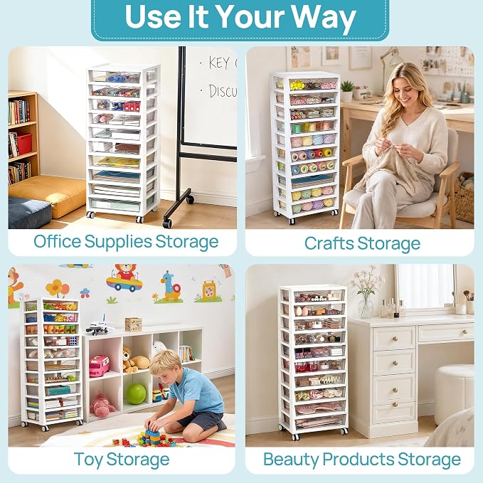 Vtopmart 10 Tier Rolling Cart with Drawers, Clear Plastic Drawers with Removable Dividers for Art &Office Supplies, Beauty Products, Toy, Under Desk Storage for Craft Room, Classroom