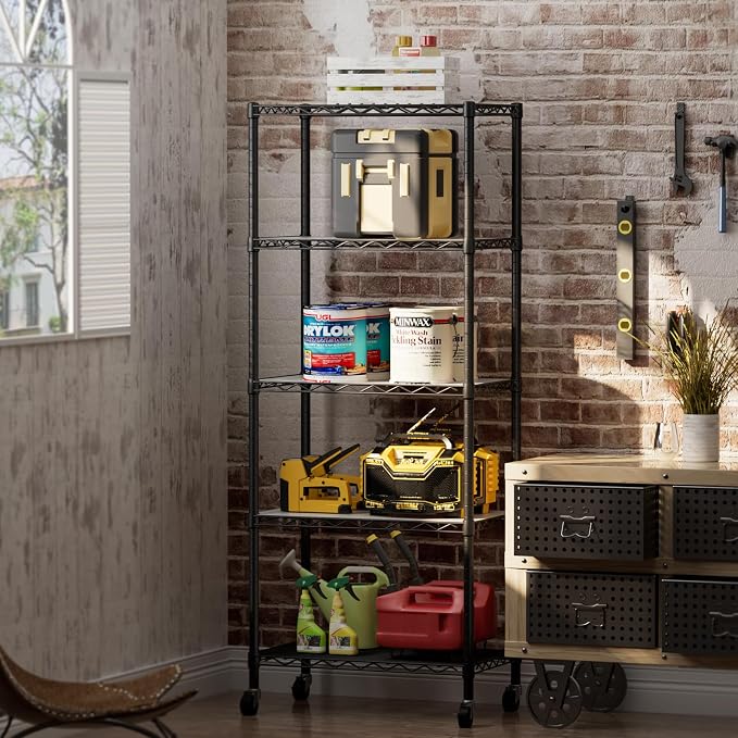 Golpart 5 Tier Shelves Storage Shelf Wire Closet Bathroom Organizers Metal Pantry Kitchen Garage Shelving Unit Laundry Room Organization Home Rack Net Basket Black with Wheels 14”D X 24”W X 61.2”H