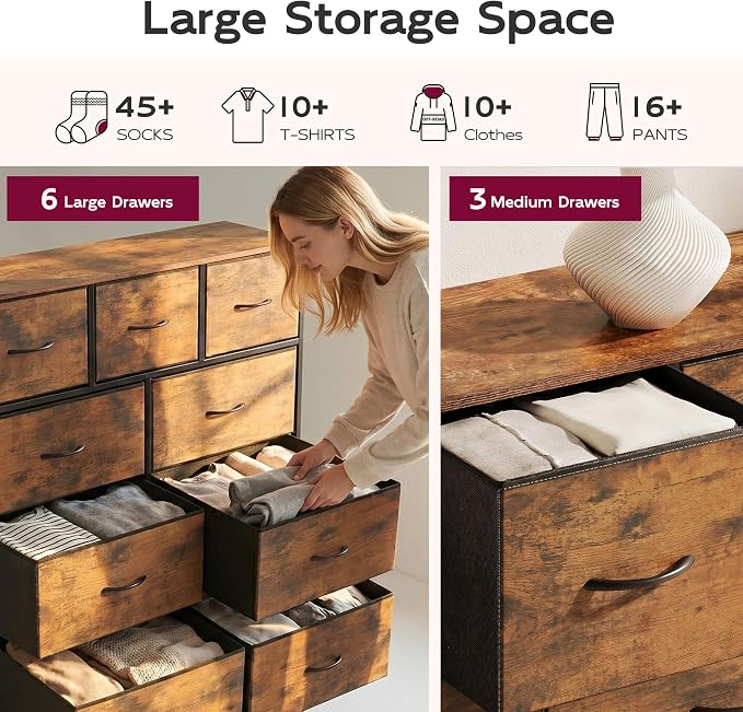 WLIVE 9-Drawer Dresser, Fabric Storage Tower for Bedroom, Hallway, Entryway, Closet, Tall Chest Organizer Unit with Fabric Bins, Steel Frame, Wood Top, Easy Pull Handle, Rustic Brown Wood Grain Print