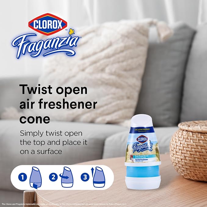 Clorox Fraganzia Cone Gel Air Freshener, Twist Open Adjustable Solid Air Deodorizer for Small Indoor Spaces, Continuous Fresh Ocean Breeze Scent for Bathroom Office Closet Odor Control, 6 Oz - 12 Pack