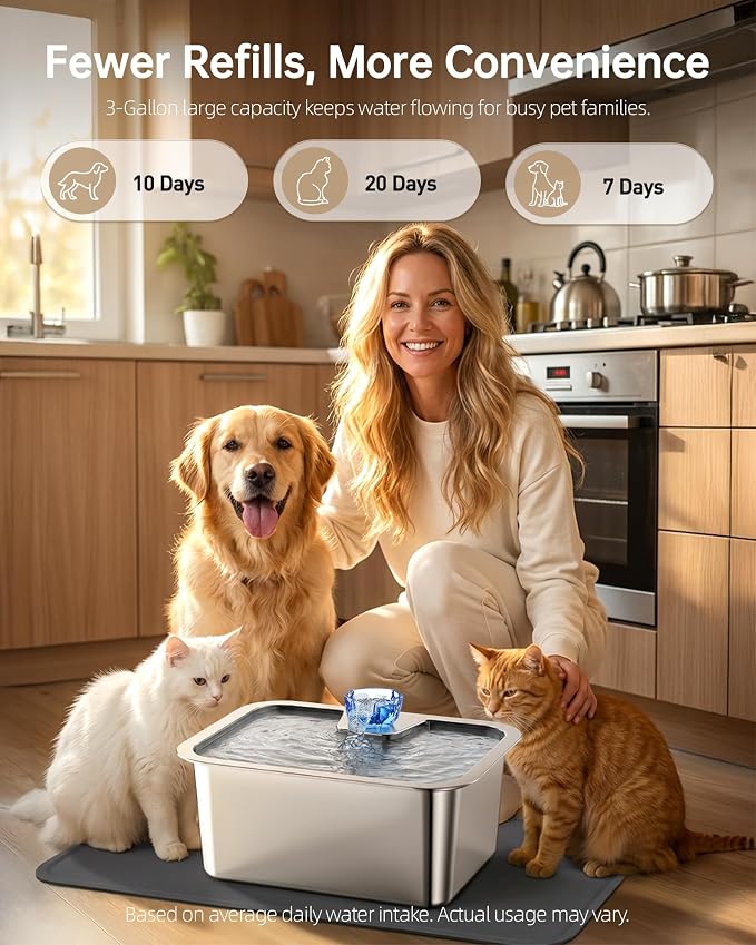 Dog Water Fountain with Silicone Mat - 3 Gallon Stainless Steel Pet Water Fountain with 6 Filters, Quiet Automatic Bowl Dispenser Drinking Waterer for Large Dogs & Multi-pet, Easy to Clean, Indoor Use
