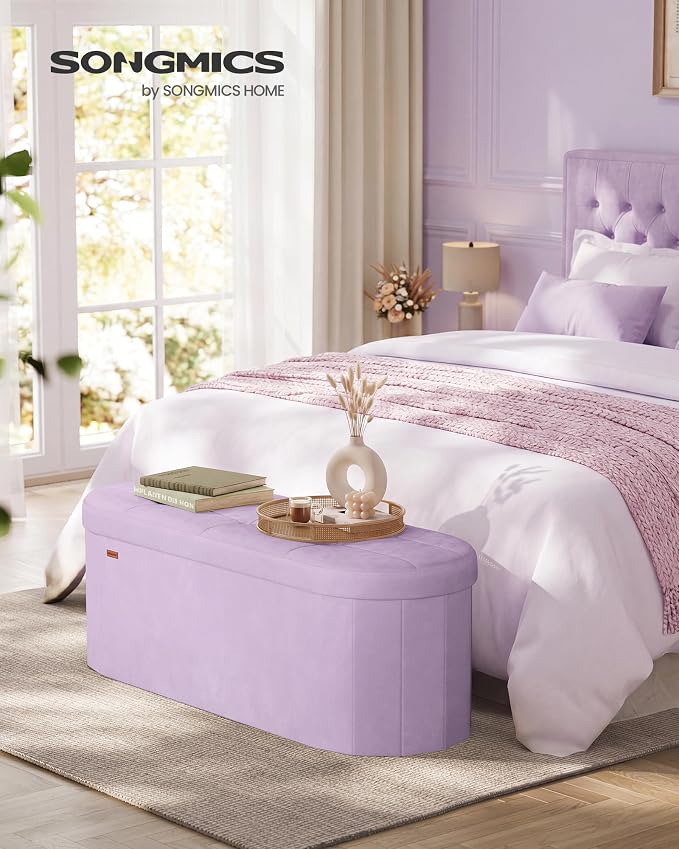 SONGMICS MINOTA Collection - Folding Ottoman with Storage, Oval Storage Ottoman Bench, for Living Room, Bedroom, Velvet Fabric, 15 x 43.3 x 15 Inches, Hibiscus Purple ULSF297PE01