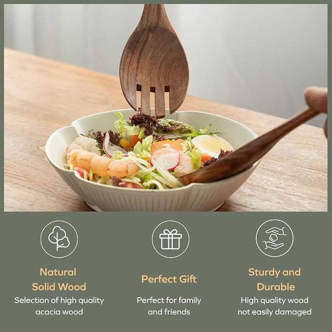Muso Wood Acacia Salad Servers, 10-inch, Set of 2 | Wooden Salad Tongs for Serving Salad Mixes