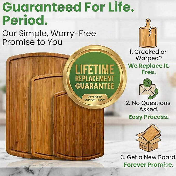 Greener Chef Luxury Bamboo Cutting Board 3-Piece Set with Carbonized Vertical Grain Strength Technology - Extra Large Wooden Cutting Boards for Kitchen with Deep Juice Grooves - Lifetime Replacements