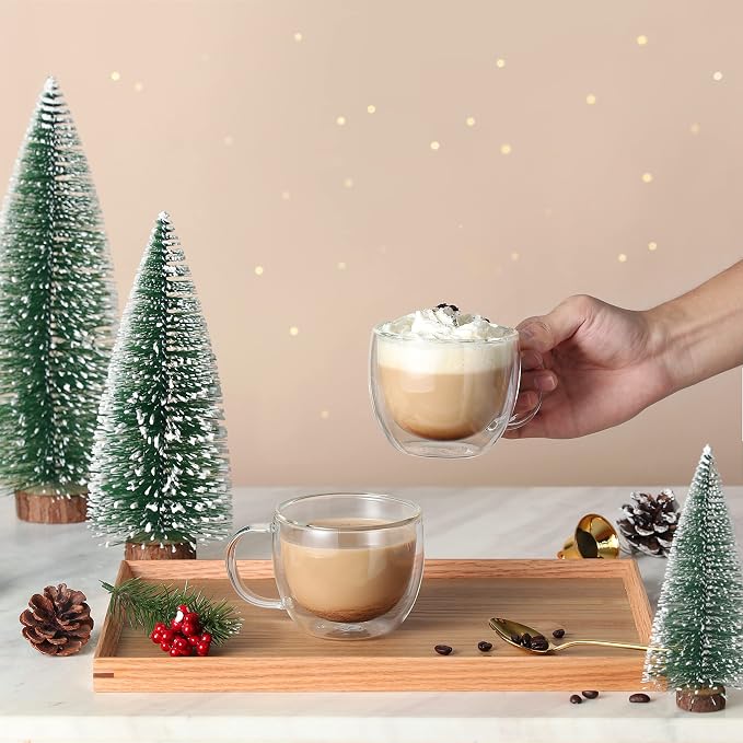 CNGLASS 8oz Double Wall Glass Coffee Mugs,Clear Insulated Espresso Glass Mugs with Handle for Latte,Cappuccino,Coffee,Set of 4