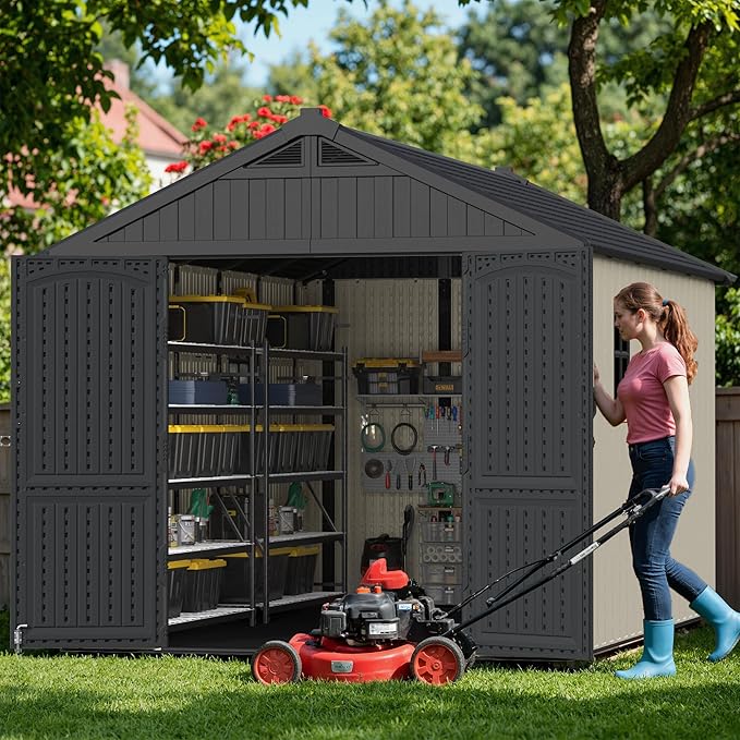 Greesum 8x12FT Plastic Outdoor Storage Shed with Floor, Resin Sheds with Window and Lockable Door, Easy Assembly, HDPE Kick-it Shed for Garden, Lawn, Backyard, Beige