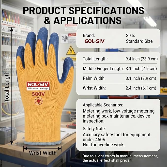 Electrical Insulated Gloves, 500V High Voltage Resistance Electrician Safety Gloves, Rubber Non Slip Work Gloves (500V|Poly-Cotton Insulated, Large)