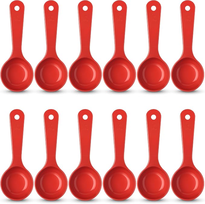 Carlisle FoodService Products 7.10 " 2 Ounce Solid Measuring Spoon – Flat Bottom – Portion Control Spoon – Short Handle Spoon, Red, (Pack of 12)