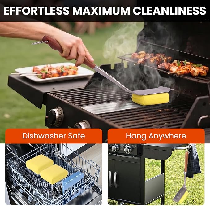 Grill Brush for Outdoor Grill, Bristle Free Grill Brush with Scraper, Safe Steam Grill Cleaner for BBQ &Griddle, Long Rosewood Handle Reaches Corners, for Porcelain, Cast Iron & Stainless Steel Grates