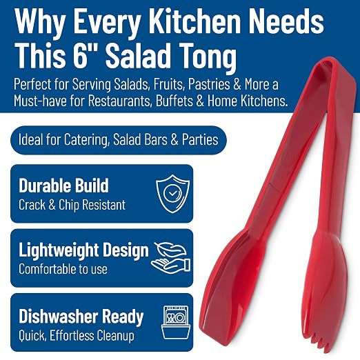 Carlisle FoodService Products 460605 Carly Salad Tong, 6" Salad Tong, Red, 1 Pack
