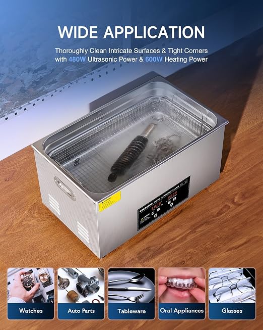 CREWORKS 22L Digital Ultrasonic Cleaning Machine with Heater and Timer, 480W Stainless Steel Ultrasonic Cleaner Machine, 5.8 gal Ultrasonic Parts Cleaner for Retainer Glasses Auto Tool Machine Part