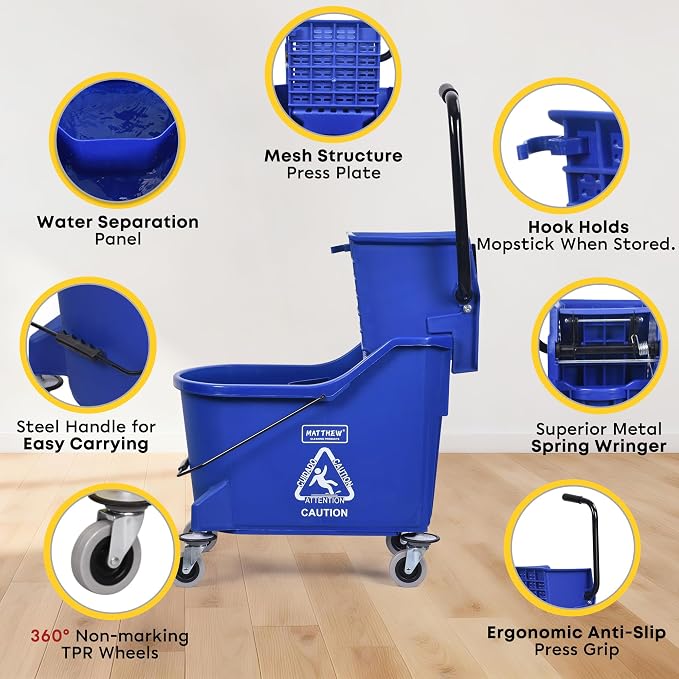 Matthew Cleaning Blue 44Quart Commercial Mop Bucket INCL.Wet String Mop& 19'' Industrial Wet Floor Sign with Side Press Wringer On Wheels,Tandem Portable Floor Cleaning Wavebrake,Ideal for Household