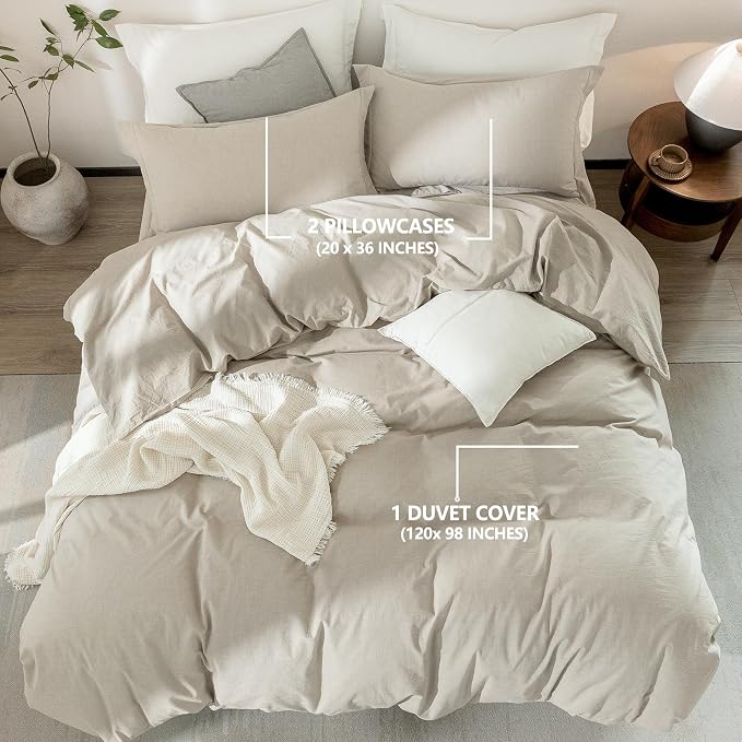 Linen Grey Duvet Cover Oversized King Size 120inch x 98inch,100% Washed Cotton Duvet Cover with Zipper Closure and 2 Pillowcases, Color of New Nature Linen