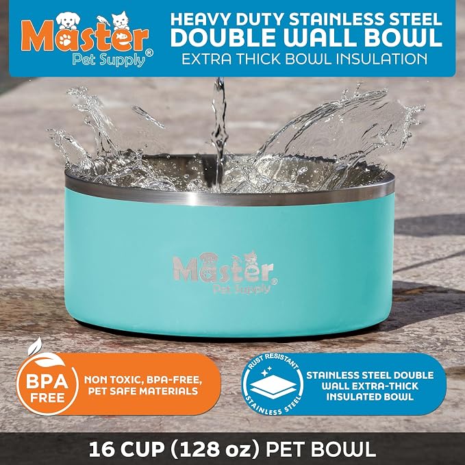 Master Pet Supply Stainless Steel Dog Bowls - 128 oz, Heavy Duty - Aqua Sky, Double Wall Extra-Thick Insulated, Non-Slip Pet Water Bowl for Dogs, Cats & Pets, Anti Rust Metal, Dish Washer Safe
