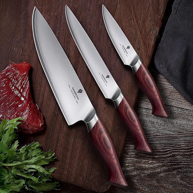 Japanese Knife Set 3 PCs, High Carbon 10Cr15Mov Stainless Steel | Ultra-Sharp Professional Kitchen Chef Knives Set with Ergonomic Pakkawood Handle and Elegant Gift Box