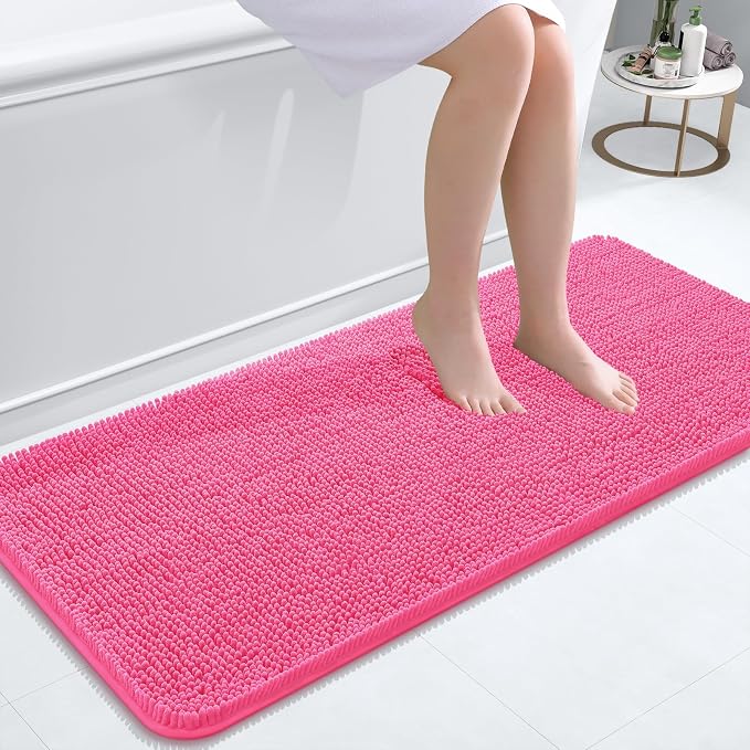 OLANLY Bathroom Runner Rugs 47x20, Soft Absorbent Chenille Bath Rugs, Rubber Backing Quick Dry, Machine Washable Long Bath Mats for Bathroom Floor, Tub and Shower, Home Decor Accessories, Hot Pink
