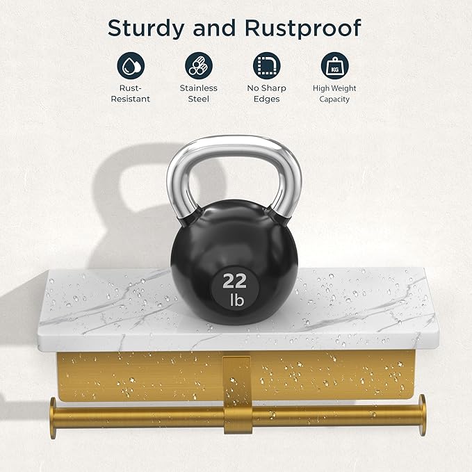 FORIOUS Toilet Paper Holder with Shelf, Marble Wall Mount Tissue Roll Holder for Bathroom, Washroom, 304 Stainless Steel Double Commercial Toilet Tissue Dispensers with Phone Shelf, Brushed Gold