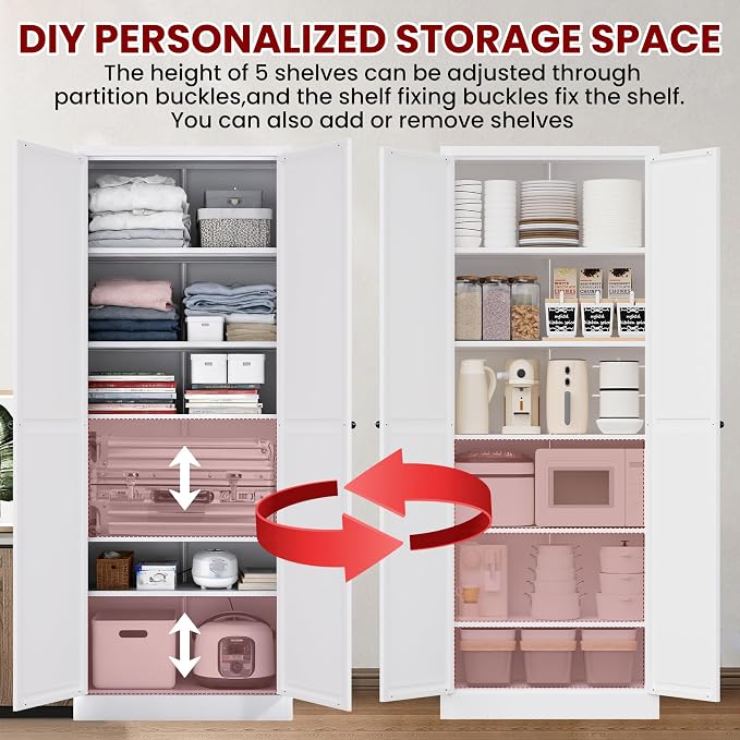 AQY Metal Pantry Cabinet, 72" White Kitchen Storage Cabinet with Doors | 5 Adjustable Shelves Ventilated Metal Cabinet Hanging Hooks Freestanding Kitchen Storage