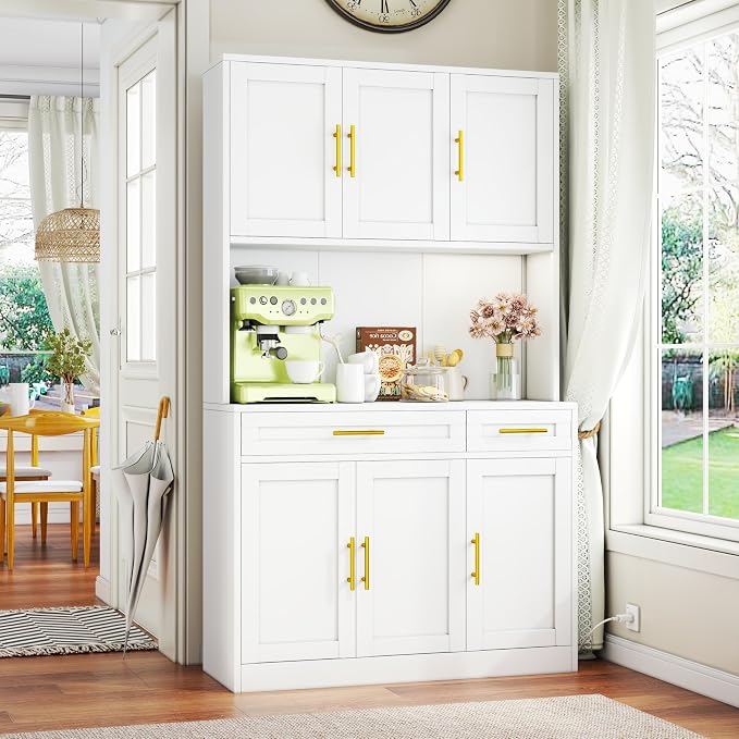 GAIOUS 71" Metal Kitchen Pantry Cabinet, Buffet Sideboard with Drawers | 6 Doors 4 Adjustable Shelves Open Countertop Charging Cable Hole Coffee Bar Cabinet Cupboard for Dining Living White