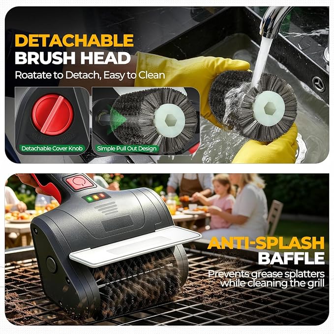Auto Dynasty Cordless Electric Grill Brush, 304 Stainless Steel BBQ Brush with Rotating Scrub Head, Rechargeable, Type-C Fast Charging for Gas/Charcoal/Outdoor Grill, Red/Black