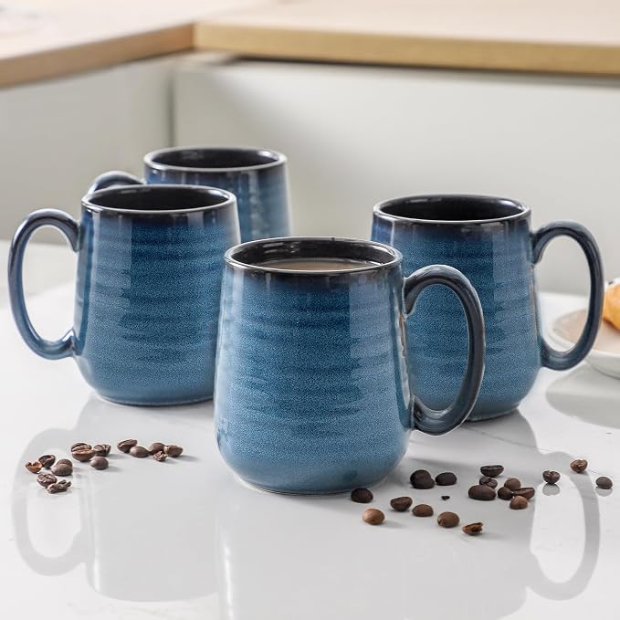 HASENSE Coffee Mugs Set of 4, 12 Ounce Ceramic Coffee Cups with Handle, Large Mug Set for Latte, Tea, Chocolate, Modern Cup Gift for Men and women, Dishwasher & Microwave Safe(Blue)