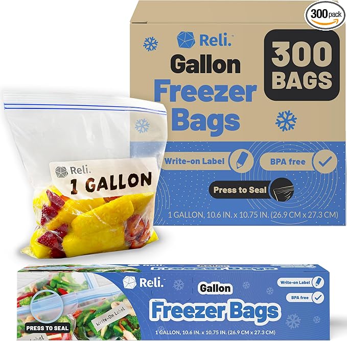 Reli. Gallon Freezer Bags (300 Count) 10.6x10.75 inch Freezer Bags 1 Gallon | Double Zipper Large Size | Press to Seal, Write on Label (1Gal)