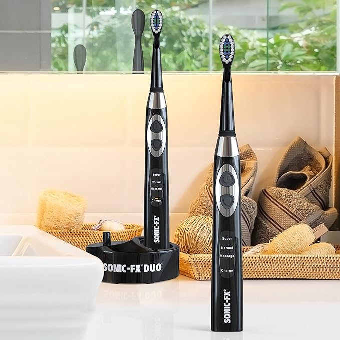 Sonic-FX Duo Rechargeable Electric Toothbrush Set - with 14 Brush Heads, 3 Modes, Smart Auto-Timer, Charging Dock Holder - Dual Handle Electric Tooth Brush for Adults & Kids, Black