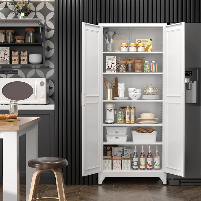 SteeLoong 75”Metal Pantry Storage Cabinet with Doors & 5 Adjustable Shelves | Kitchen Pantry Cabinet,White Kitchen Cabinet with 2 Gold Handles,Tall Cabinet for Livingroom,Pantry, Bathroom,Kitchen,Garage