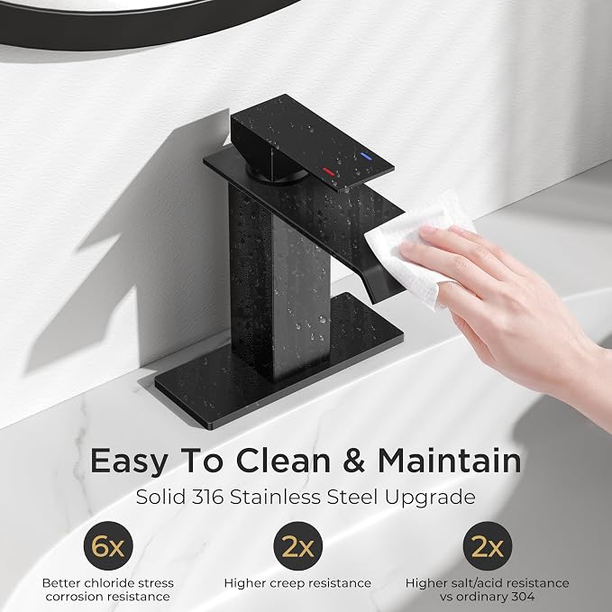 FORIOUS Bathroom Faucet Matte Black Modern Waterfall Bathroom Sink Faucet 1 or 3 Hole Single Handle with Deck Plate and Drain, Suitable for Vanity Rv Camper Commerical