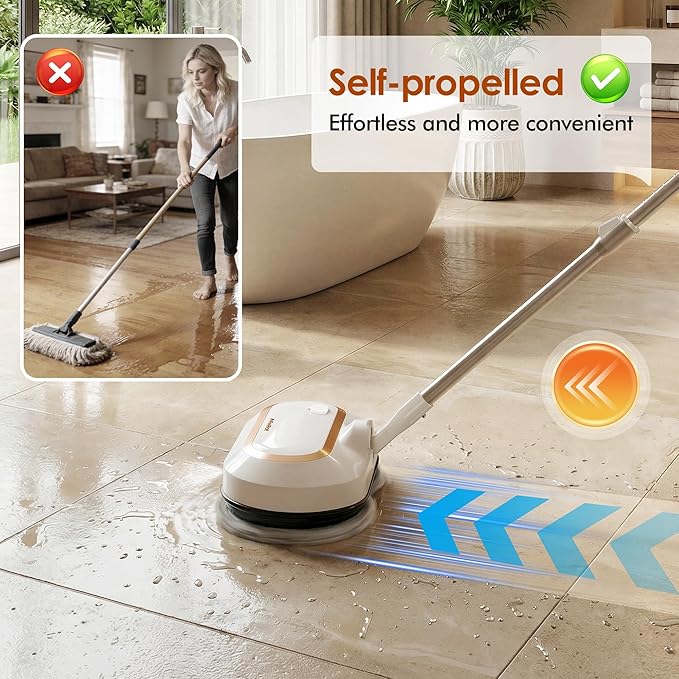 AlfaBot Cordless Electric Mop for Floor Cleaning, Dual Spin with LED Headlight, Water Spray, Long-Lasting Battery, Self-Propelled Floor Cleaner with Adjustable Tube for All Floors