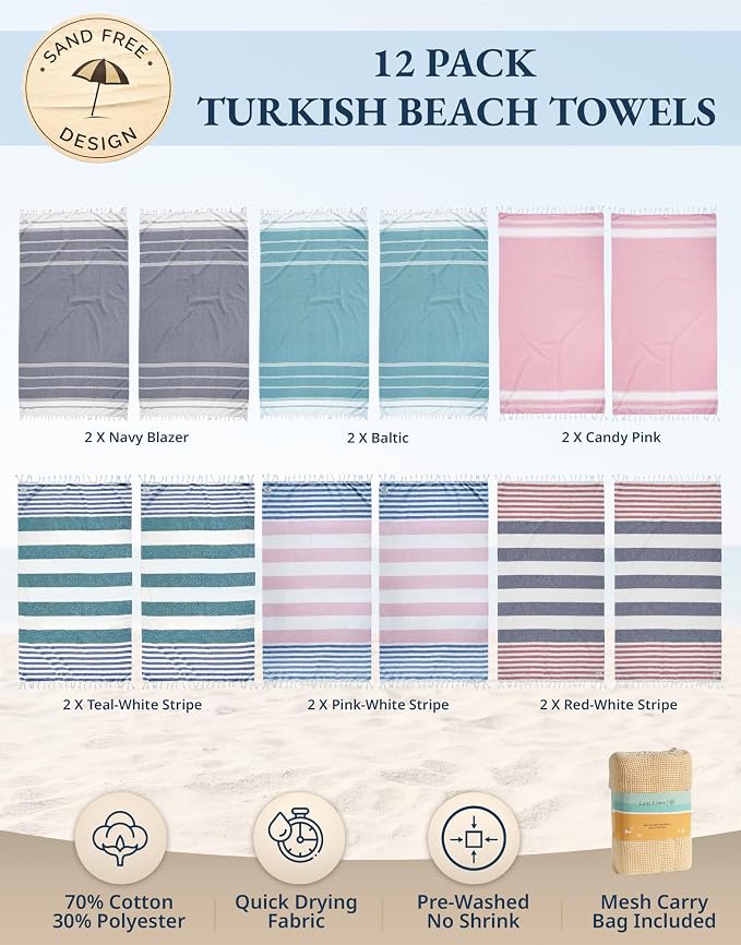 LANE LINEN Beach Towels 12 Pack, Super Absorbent, XL - Seaside Symphony | Oversized & Pre-Washed Large Beach Towel Set - Stylish Pool Towels for Adults - Quick Dry, 39"x71", Vacation Essential, Soft