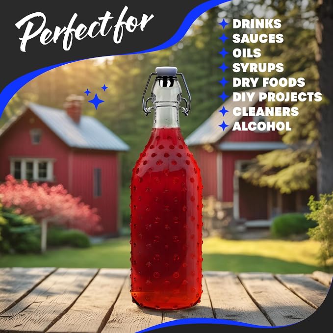 Nevlers 17 Oz Dotted Swing Top Glass Bottles with Airtight Lid | 12 Pack Flip Top Glass Bottle with Lids, Shrink Wrap, Funnel, Brush, Tags & Marker | Fermentation or Kombucha Bottles with Stoppers